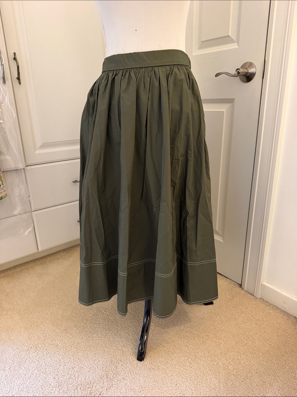 Olive Green Gathered A-Line Midi Skirt